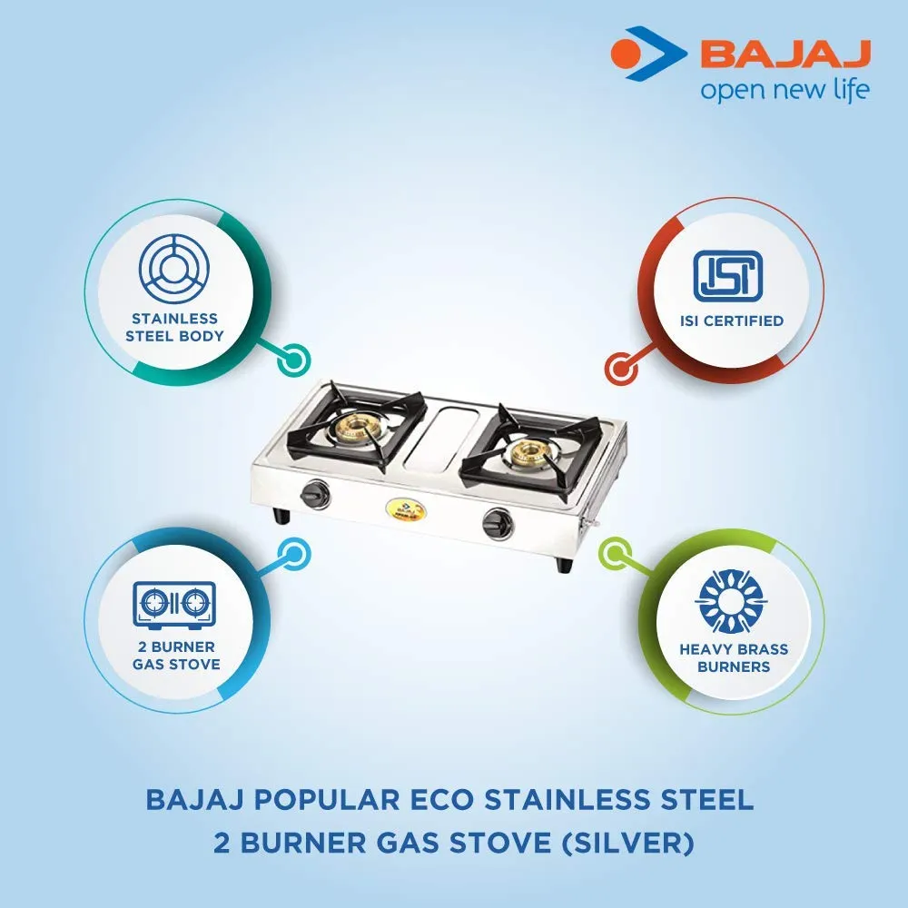 BAJAJ Popular Eco Stainless Steel Manual Gas Stove (2 Burners)